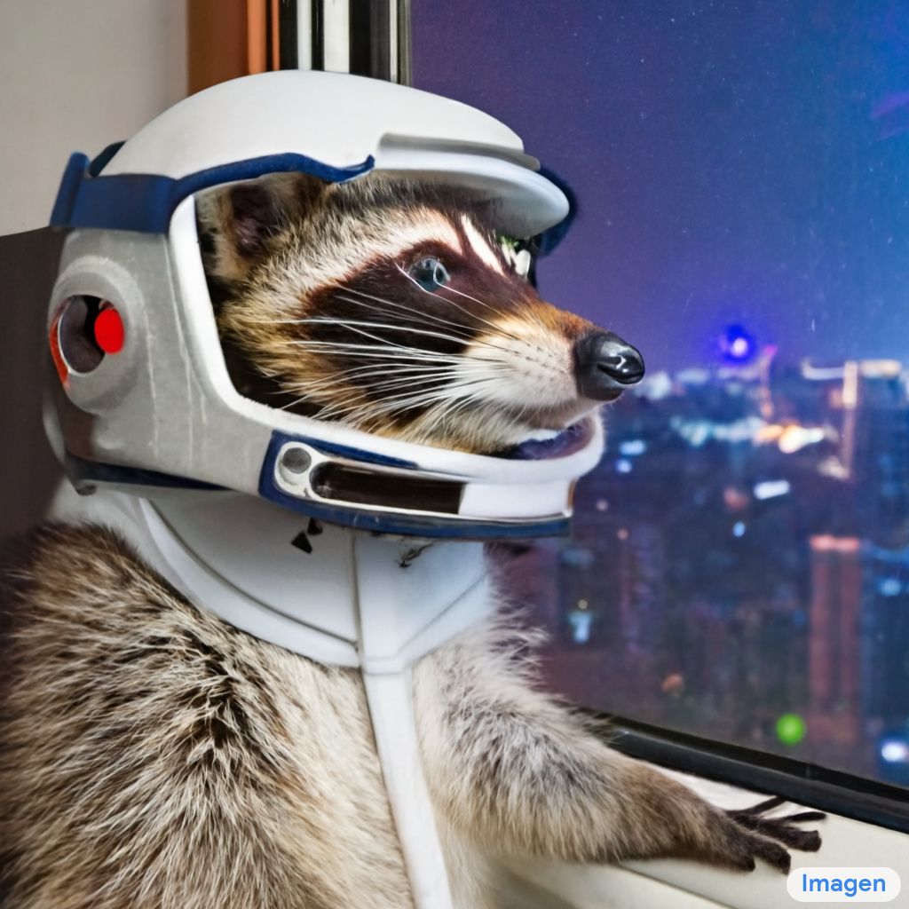 A photo of a raccoon wearing an astronaut helmet, looking out of the window at night - Google Imagen