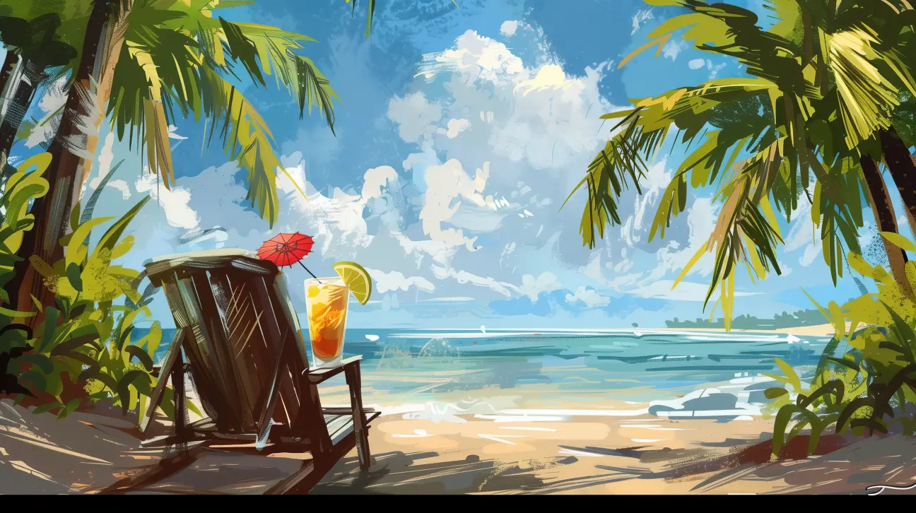 Digital painting of the back of a wooden lounge chair on the beach, facing the sea, a cocktail sitting on the armrest 