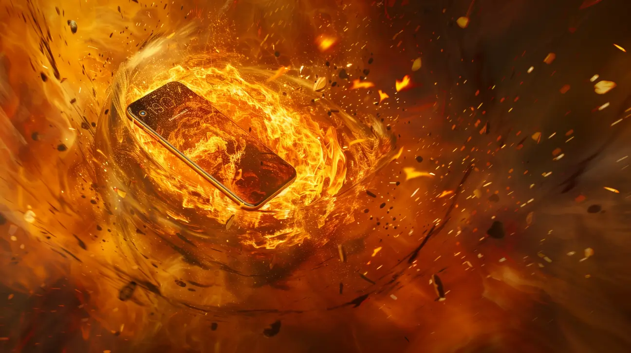 Digital painting of a smartphone, in flames, in the center of a fiery vortex