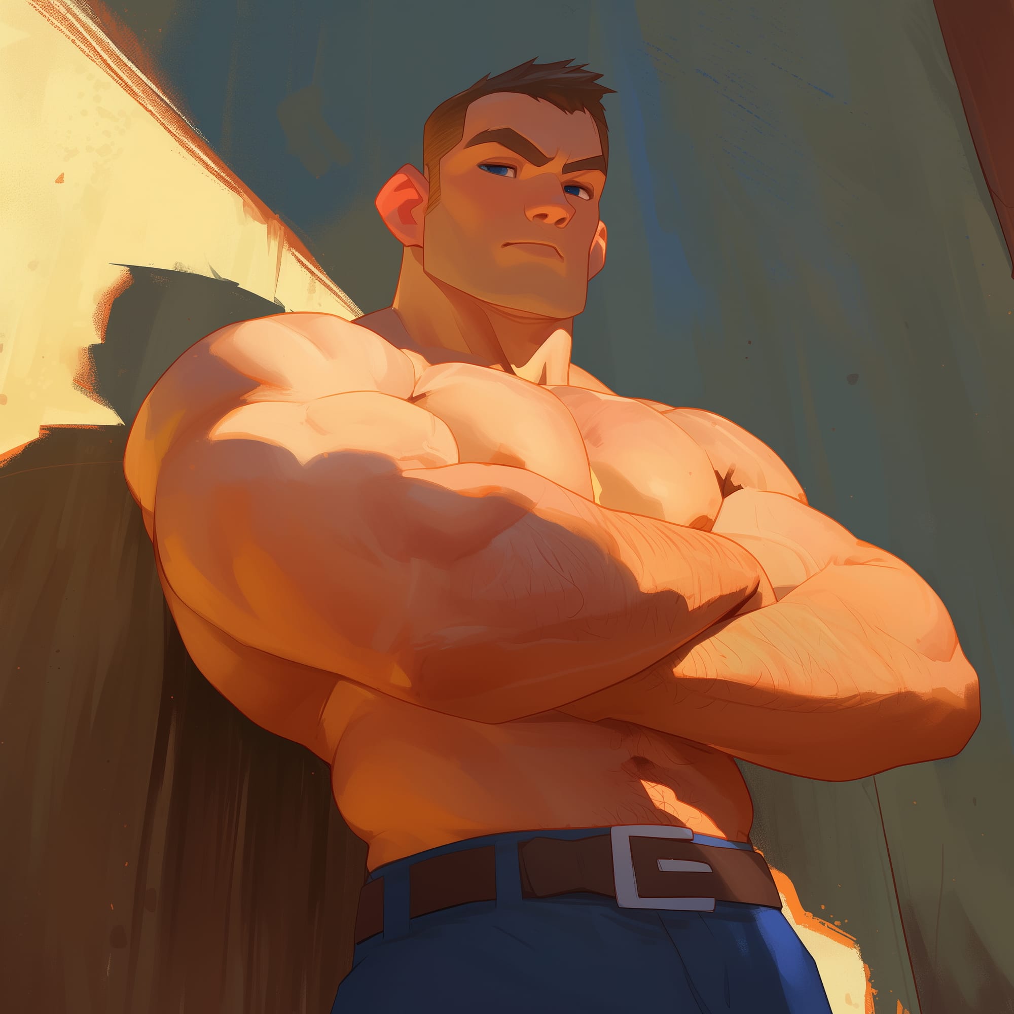 Illustration of a muscular, confident, bare-chested Tintin with short hair standing with arms crossed, viewed from a low angle. The art style is vibrant and dynamic, featuring warm sunlight and strong shadows, emphasizing strength and confidence.