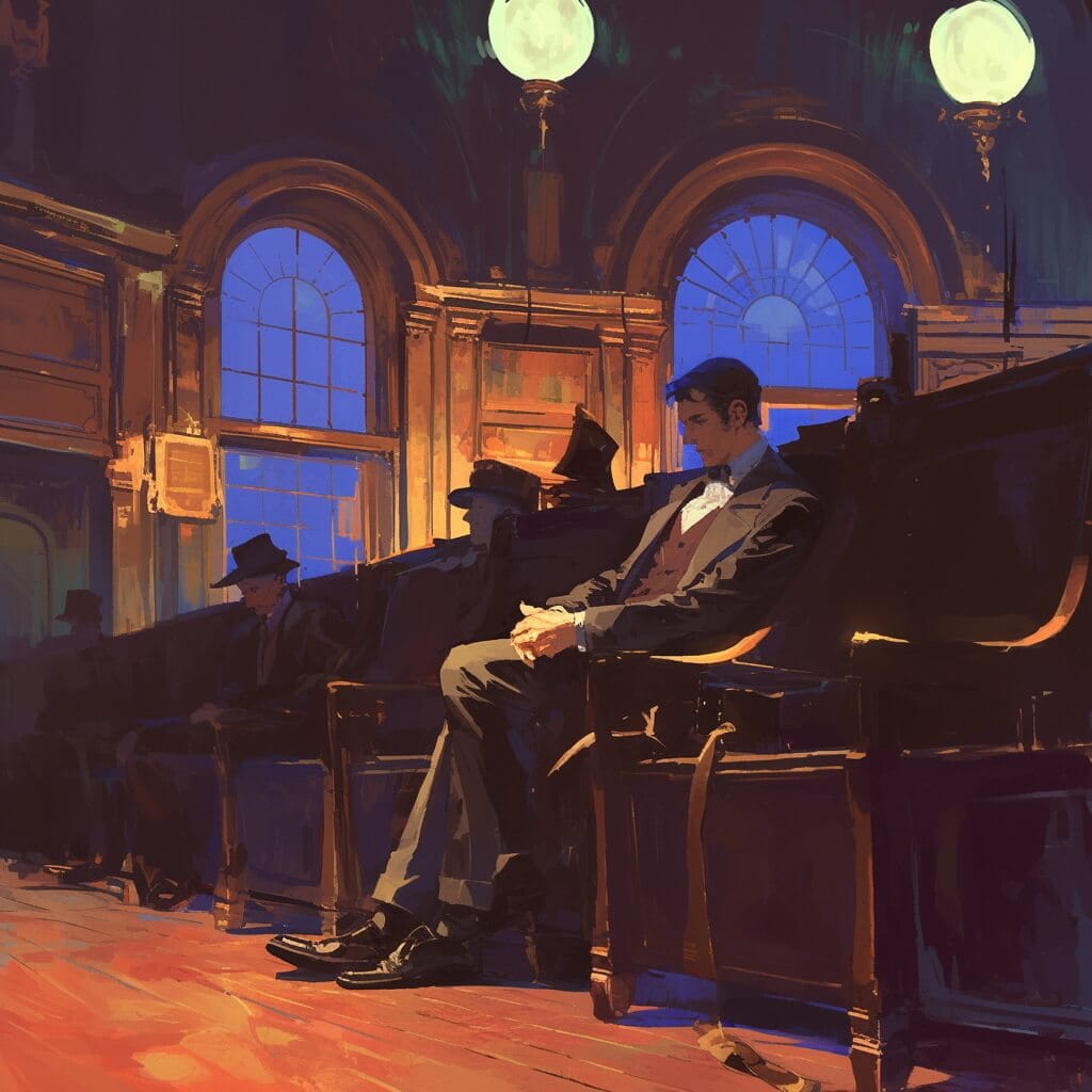 Painting of a contemplative young Sherlock Holmes in formal attire sitting thoughtfully in a dimly lit lecture hall or courtroom with large arched windows. The room has an atmospheric glow, with antique lamps illuminating wooden furnishings and other seated figures partially obscured in shadows.