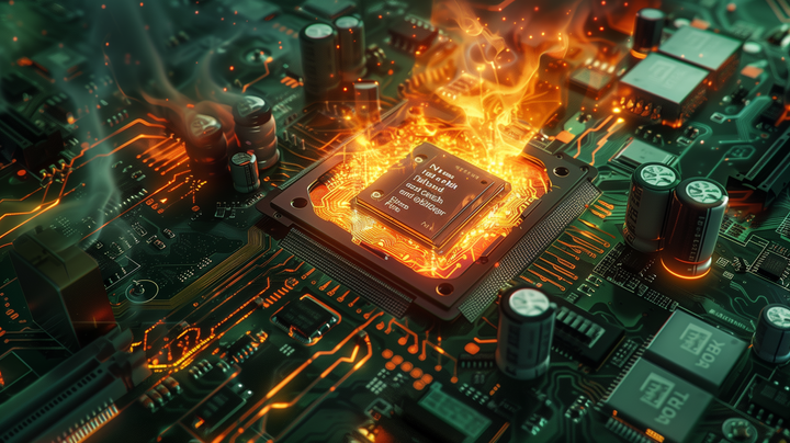 Digital painting of a computer board, the CPU bursting into flames and about to me