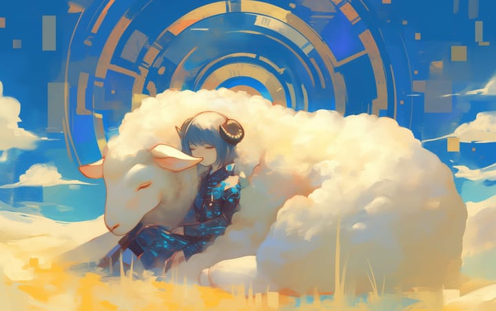 Dreamy illustration of a girl with blue hair and ram horns sleeping beside a large fluffy sheep, with golden-blue patterns.